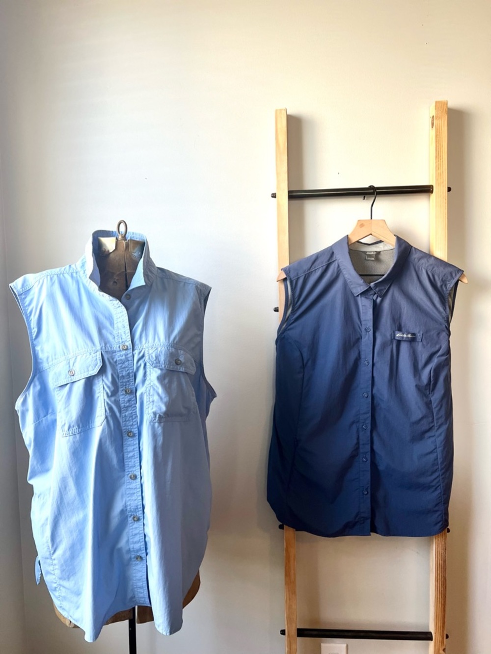 Eddie Bauer Ripstop/Mesh Sleeveless Button-Down Shirts - Light Blue Only